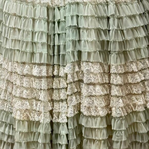 VNTG Green Cupcake Prom Dress Lace Chiffon Tiered Ruffled Strapless Gown 1950s - Picture 6 of 16